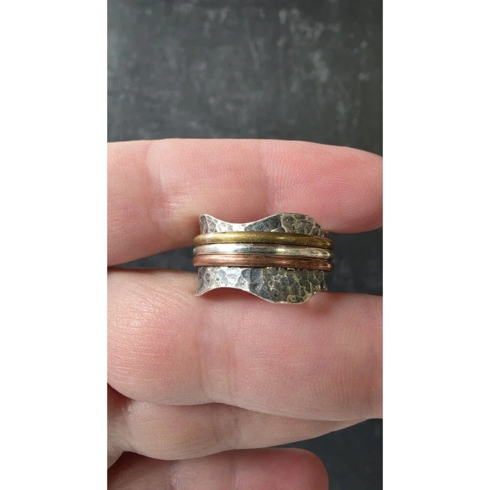 Doug Paulus 925 Hammered Silver Tricolored Spinner Ring, Size US 9 Vintage